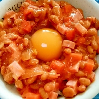 納豆の食べ方-生玉子＆トマトソーセージ♪